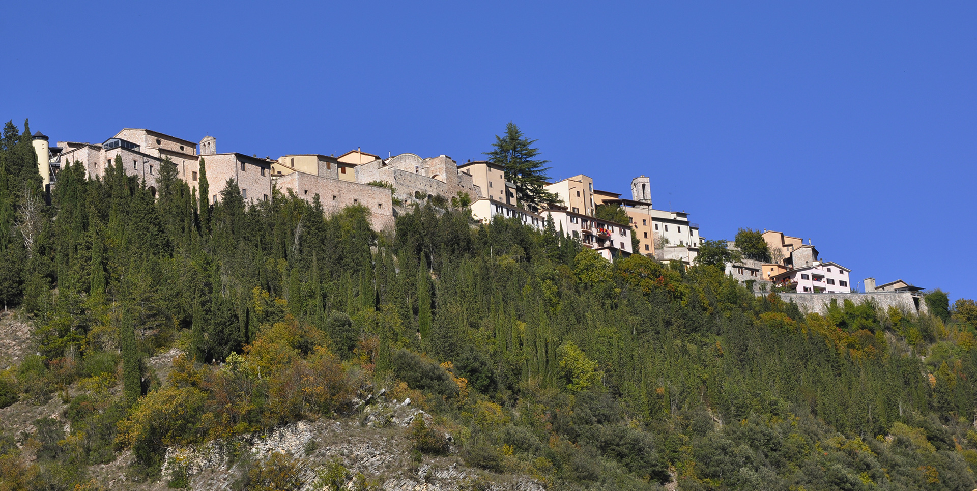 Panoramic view from below of Cerreto di Spoleto, with the castle perched on the hill surrounded by lush woodland
